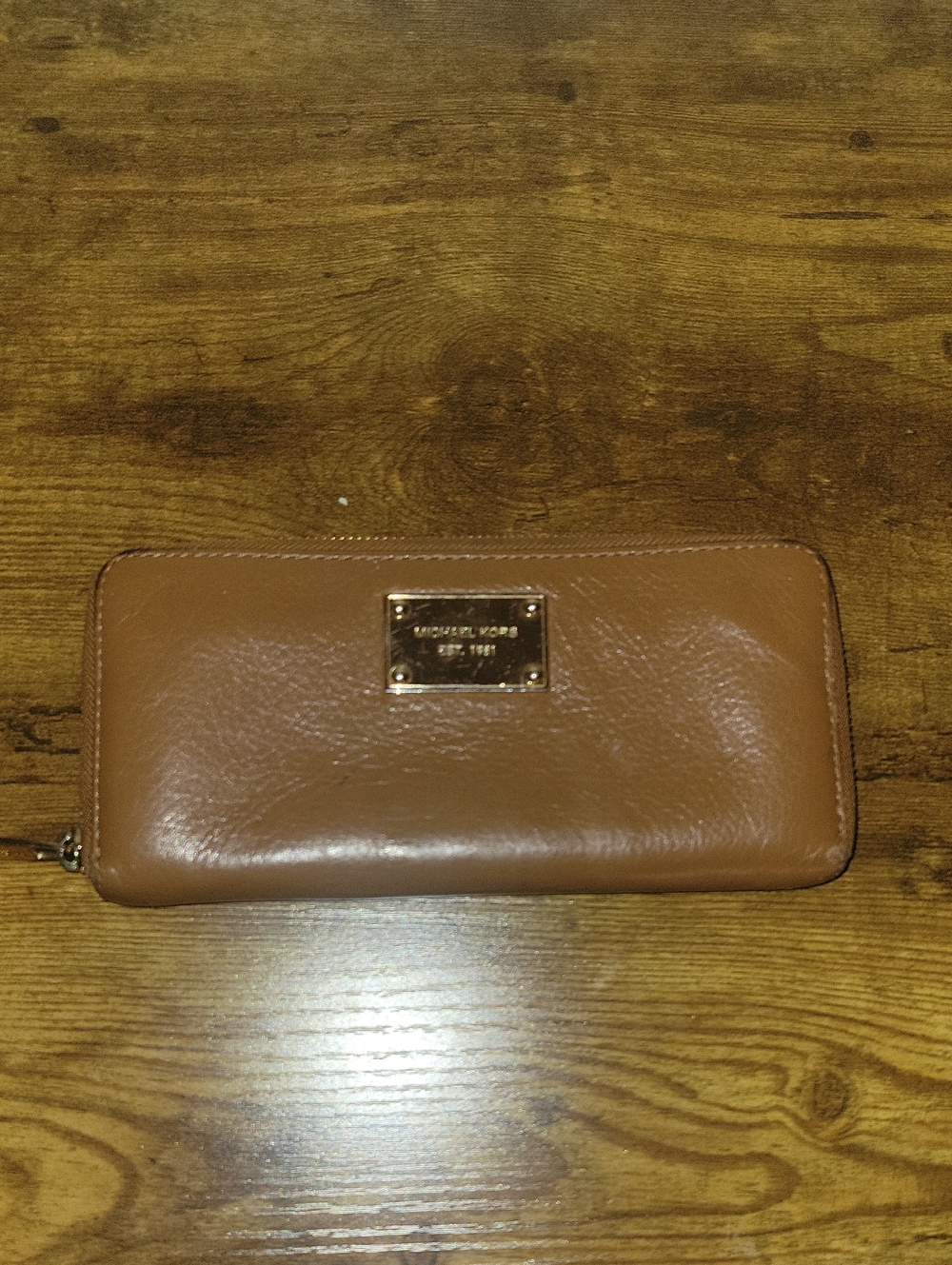 Michael Kors Tan Leather Zip-Around Wallet with Gold Plate